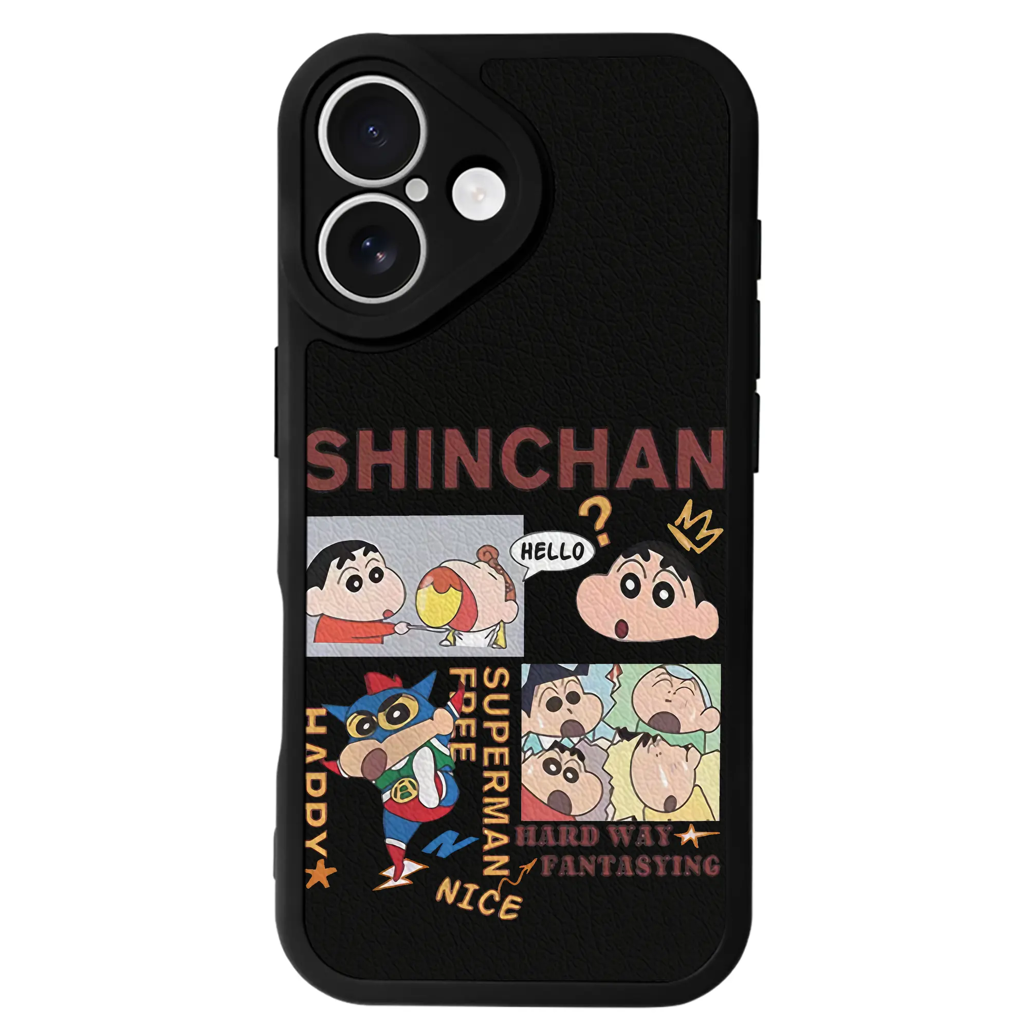 クレヨンしんちゃん グッズ 野原 しんのすけ - IPhone 16シリーズ対応 ・ シリコンスマホケース ・ レザー調 ・ 高精度フィット ・ 耐衝撃 ・ ワイヤレス充電対応 ・ 精密カット